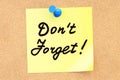 DonÃ¢â¬â¢t Forget text on a sticky note pinned to a corkboard. 3D r